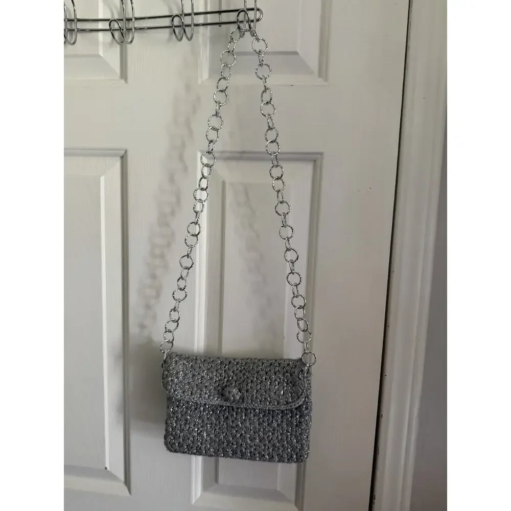 Piti Purse Handmade in Italy Silver Metallic Crochet Chain VTG Shoulder Bag